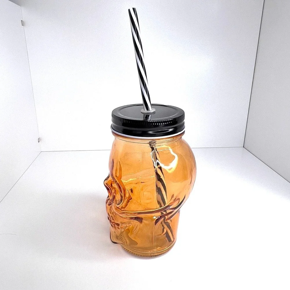 Skull Glass‎ with Straw Halloween Orange Travel Cup Mason Jar Mug 14oz